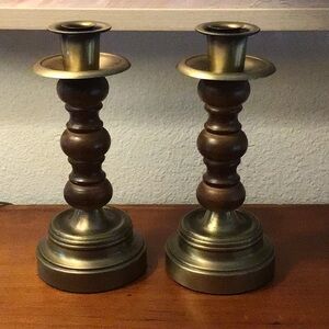 Vintage Brass and Wood Homco Candlestick pair